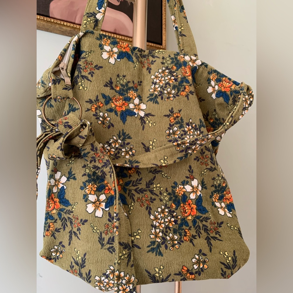 Floral Green Corduroy Retro Zip Tote Bag Crossbody Adjustable Boho